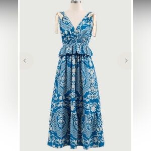 Moon River Blue & White Border Print Ruffle Tie Strap Midi Dress | Size S​​